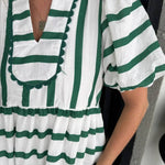 Women's Short Bubble Sleeve Striped Dress With Pockets