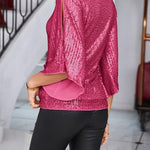 Solid Color Sequined V-neck Hollow Sleeve Slim Fit Top