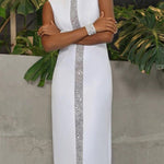 Loose Sleeveless Contrast Color Shiny Split-Back Mock Neck Maxi Dresses