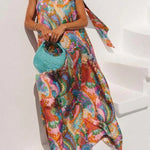 Rainbow Breeze Satin Unique Print Bow One Shoulder Loose Maxi Dress