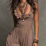 Boho-Vintage Elegant Ruffled Neck Wide-Leg Jumpsuit