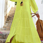 Seraphina Cotton Linen Blend Button Up Tiered Maxi Dress