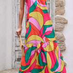 Multicolor Geometric Colorblock V Neck Tiered Maxi Dress