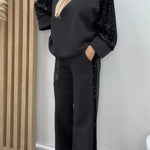 Stylish Sequined Loose-fitting Crew Neck Top and Casual Pocket Wide-leg Pants Set