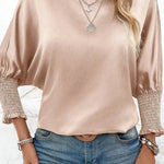 Smoke Gray Smocked Dolman Sleeve Satin Blouse