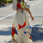 Half Sleeves Loose Asymmetric Printed Split-Joint Tied Waist Lapel Maxi Dresses Shirt Dress