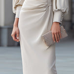 Draped Waist Puff Sleeve Midi Dress
