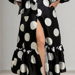 Loose Puff Sleeves Pleated Polka-Dot Split-Joint Tied Waist Tiered Lapel Maxi Dresses Shirt Dress