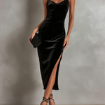 Women's Elegant Black Velvet Sleeveless Fitted Midi Dress With Spaghetti Straps