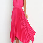 Luxe Look Satin Pleated Halter Elastic Waist Midi Dress