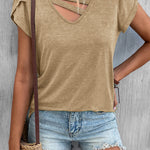 Solid Color Casual Cutout Neck T Shirt