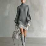 Women's Grey Knitted White Lace Turtleneck Comfortable Mini Dress
