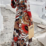 Vacay Mode Hollow Lace Unique Print Bell Sleeve Crop Top and Tie-up Maxi Skirt Set