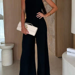 Linen Blend Solid Color Off-the-shoulder Pleated Casual Pocket Wide-leg Jumpsuit