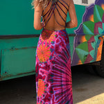 La Bamba Tie-dye Print Back Lace-up Stretch Maxi Dress