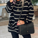 Solid Color Contrast Stripe Pullover Round Neck Loose Sweater