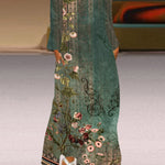 A-Line Long Sleeves Flower Print Pockets V-Neck Maxi Dresses