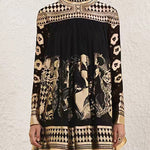 A-Line Long Sleeves Bronzing Printed Split-Joint Mock Neck Mini Dresses