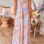 Flower Puzzle Round Neck Long Dress