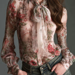 Retro Romantic Floral Chiffon Bow-Tie Blouse