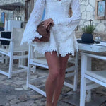Diaz Embroidery Hollow Fabric Delicate Flower Trim Long Sleeve Side Lace-up Mini Dress