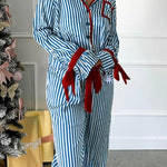 Striped Printed Color-blocked Trim Long-sleeved Loose Top and Elastic Waist Belt Wide-leg Pants Set