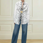 Long Sleeves Loose Brooch Elasticity Heart Shape Pleated Print Lapel Collar Blouses&Shirts Tops