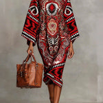 Flared Sleeves Long Sleeves Contrast Color Flower Print Geometric Split-Joint Round-Neck Midi Dresses
