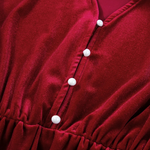 Racing Red Velvet Buttoned Puff Sleeve V Neck Split Midi Dress