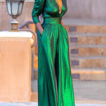 High Waisted Three-Quarter Sleeves Shiny Solid Color Deep V-Neck Jumpsuits Bottoms