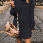Turtleneck Long Sleeves Ribbed Knit Sweater Dress