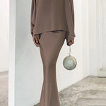Batwing Sleeves Pearl Solid Color Round-Neck Shirts&Skirts Suits