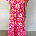 Strawberry Pink Abstract Print Pleated Flounce Sleeve Maxi Dress