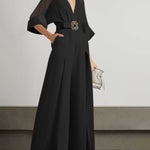 Solid Color Split-Front Contrast Color Tied Waist High Waisted V-Neck Jumpsuits