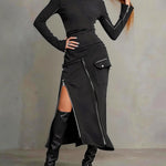 Bodycon Irregularity Asymmetric Pockets Solid Color Split-Joint Split-Side Zipper Half Turtleneck Midi Dresses