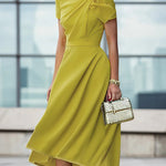 Loose Short Sleeves Pleated Solid Color Split-Joint Round-Neck Evening Dresses Midi Dresses