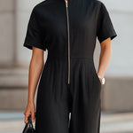 Black Linen Zip-Front Wide-Leg Jumpsuit