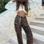 Minka Chiffon Leopard Elastic Waist Pocketed Loose Cargo Pants