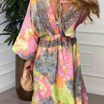 Summer Bold Floral Print Elastic Waist Backless Slit Casual Maxi Dress