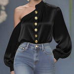 Long Sleeves Loose Asymmetric Buttoned Pleated Solid Color One-Shoulder Blouses&Shirts Tops