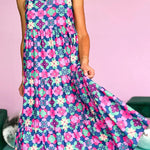 Sky Blue 60s Flower Split Neck Sleeveless Tiered Maxi Dress
