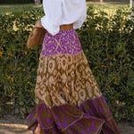 Resort Style Unique Print Elastic Waist Loose Stitching Maxi Skirt