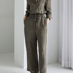 Urban Linen Drawstring Elastic Waisted Wide Leg Long Sleeves Jumpsuits