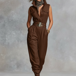 Women's Minimalist Linen-blend Button-up Collared Sleeveless Jumpsuit