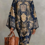 Long Sleeves Loose Contrast Color Printed Mock Neck Midi Dresses
