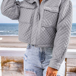 Gray Quilted Pocketed Zip Up Cropped Jacket