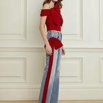 Wide Leg Bow-Embellished Contrast Color Jean Pants Bottoms
