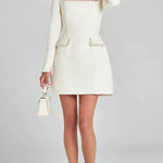 Girly and Glamorous Tweed Fabric Pearl Trim Long Slit Sleeve Pocketed Mini Dress
