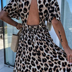 Khaki Leopard V Neck Cinched High Waist Open Back Maxi Dress