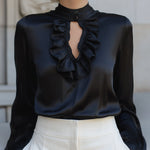Black Satin Keyhole Ruffle Blouse